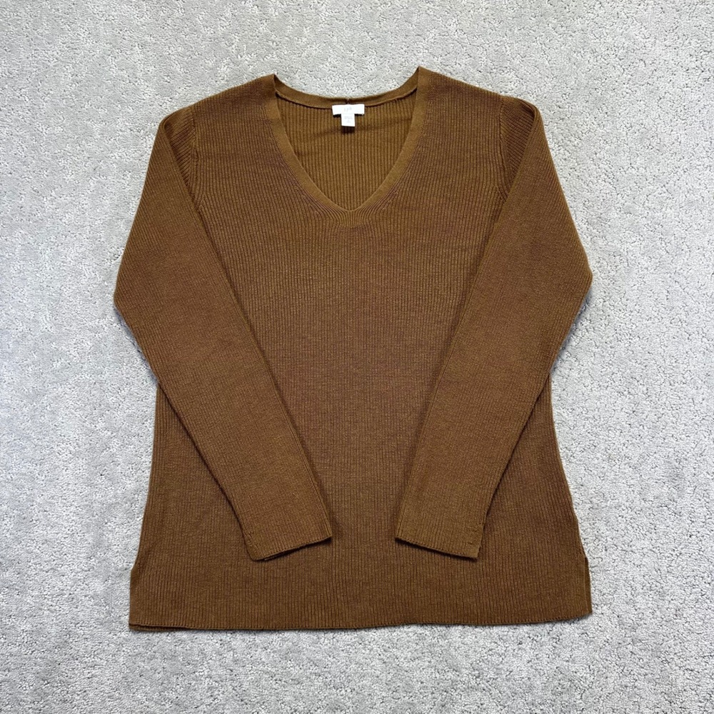 J. Jill Sweater Women S Tall Brown‎ Tan Ribbed Knit V-Neck Cotton Blend Preppy
